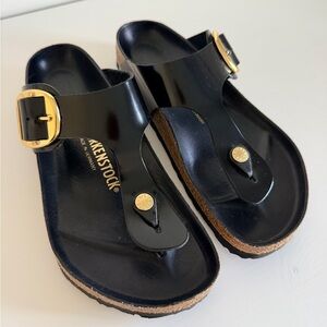 Black Birkenstock Sandal with Gold Buckle